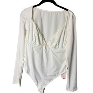Popilush Shapewear Long Sleeve Lace Trim V-Neck Slimming Bodysuit